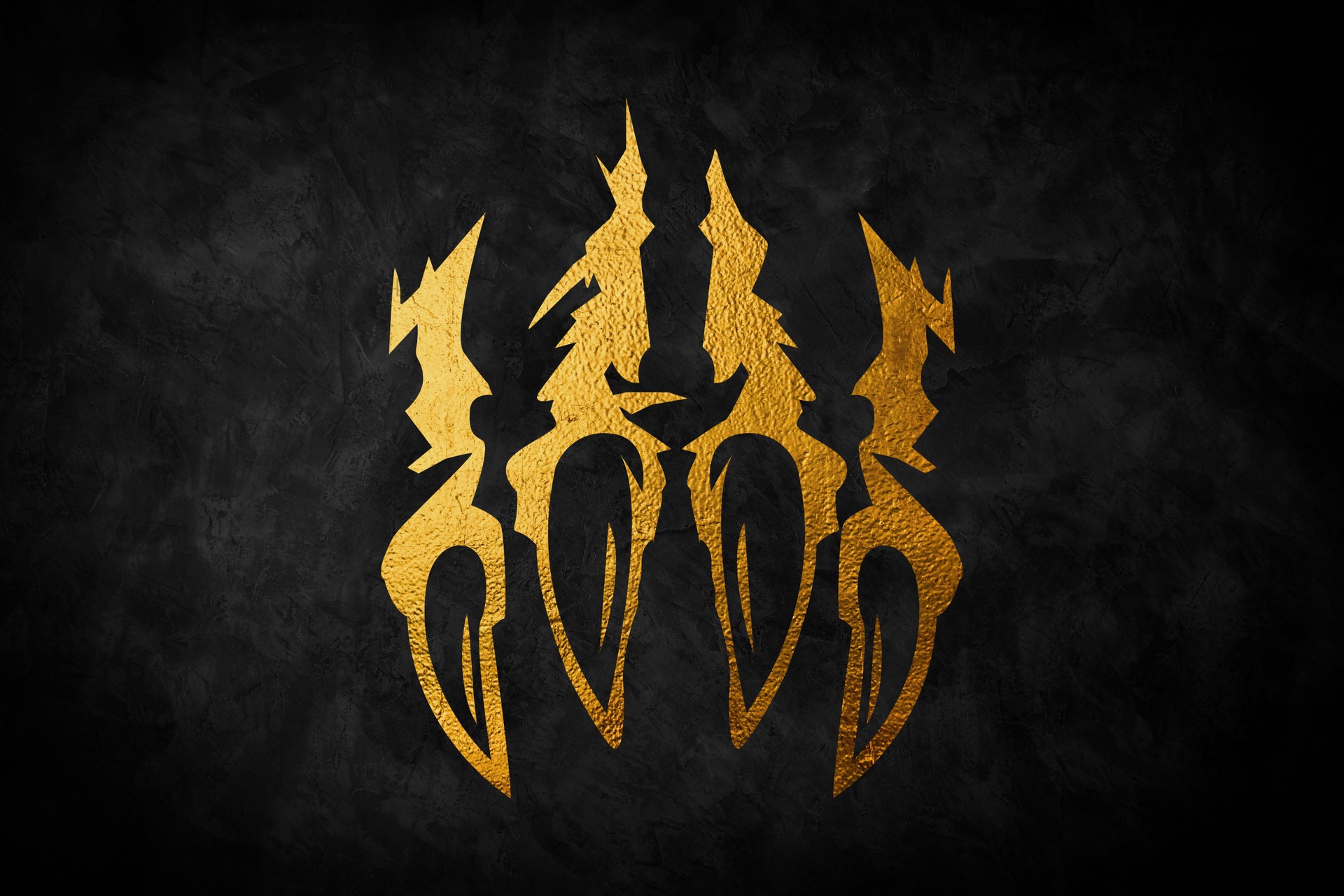 Gold scratch symbol of a big predator on a black rusted abstract background.