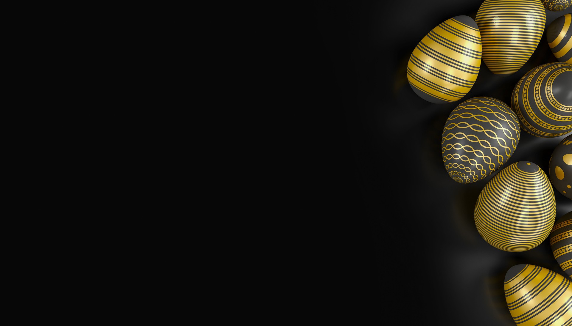 3d render of black and gold easter eggs on dark background.
