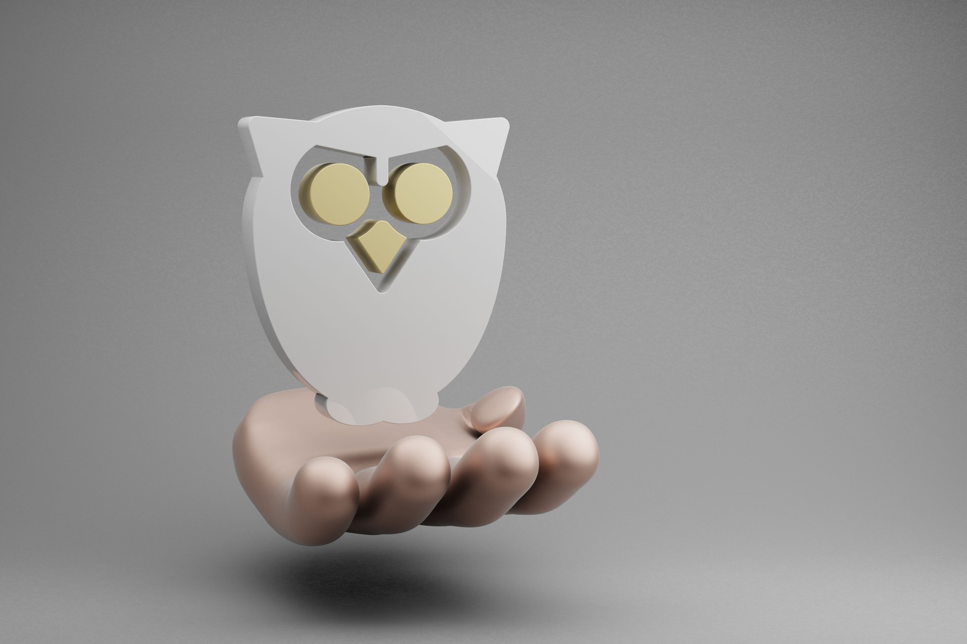 Beautiful abstract illustrations Golden Hand Holding Halloween OWL symbol icon on a gray background. 3d rendering illustration. Background pattern for design. Halloween day.